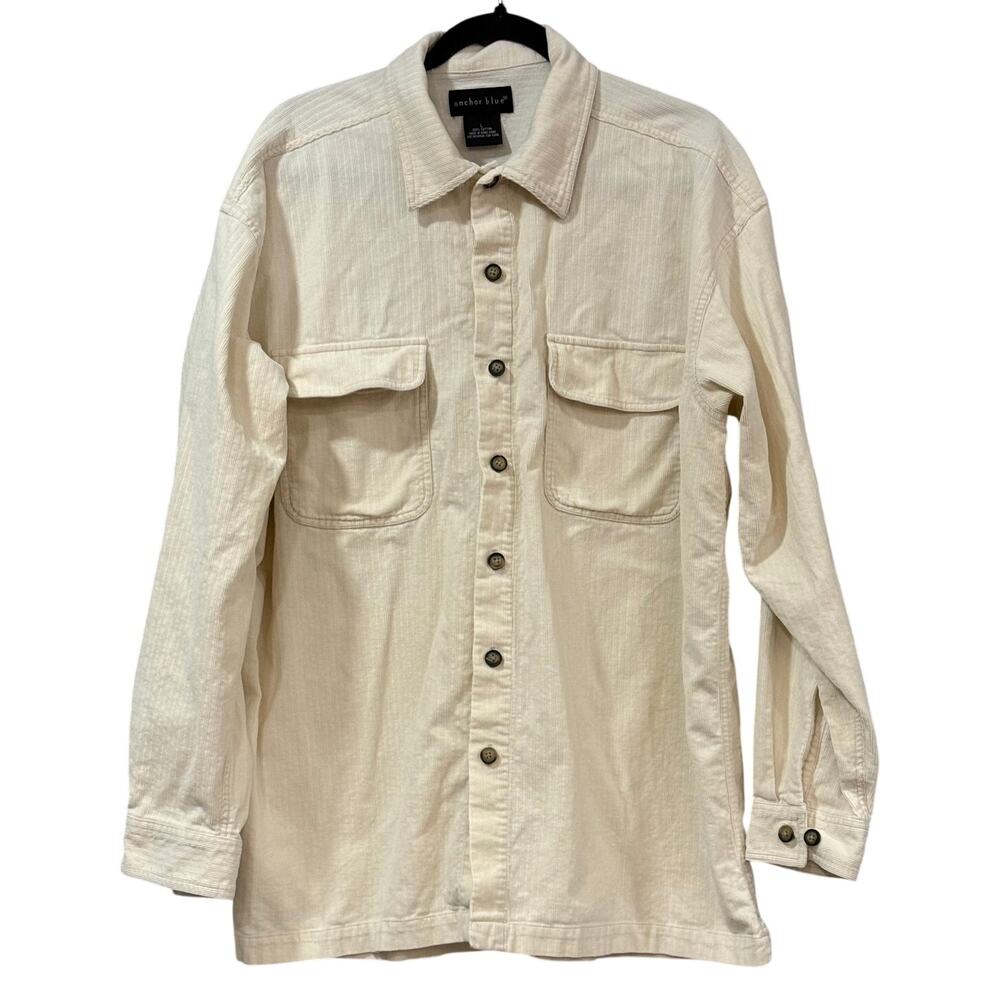 Vintage Anchor Blue Chore Jacket Shacket Women’s Large Cream Cotton Shirt Jacket